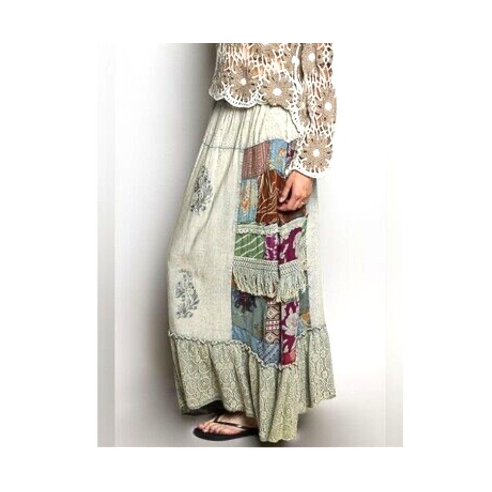 POL Printed Patchwork Floral Embroidered Lace Ruffle Maxi Skirt Boho Hippie M